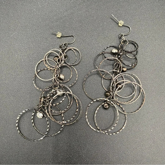 Gunmetal Grey Cascading Hoop and Rhinestone Dangly Earrings - Picture 1 of 8